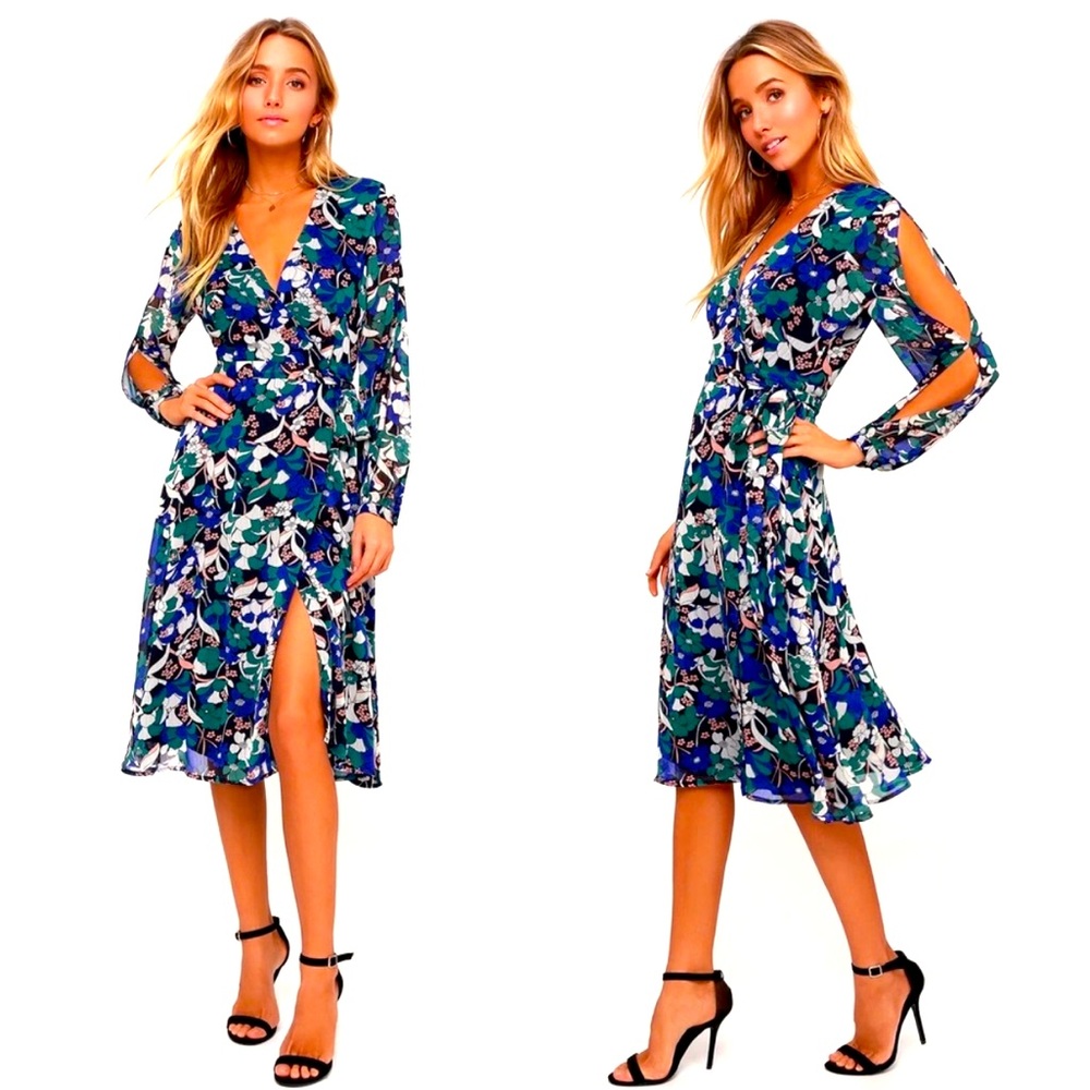 Lulus | Farrar Black Floral Print Long Sleeve Wrap Midi Dress